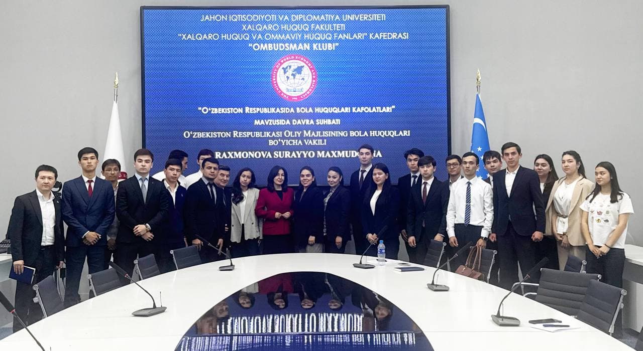 Bolalar ombudsmani Jahon iqtisodiyoti va diplomatiya universiteti “Xalqaro huquq” yo‘nalishi talabalari bilan amaliy muloqoti bo‘lib o‘tdi.